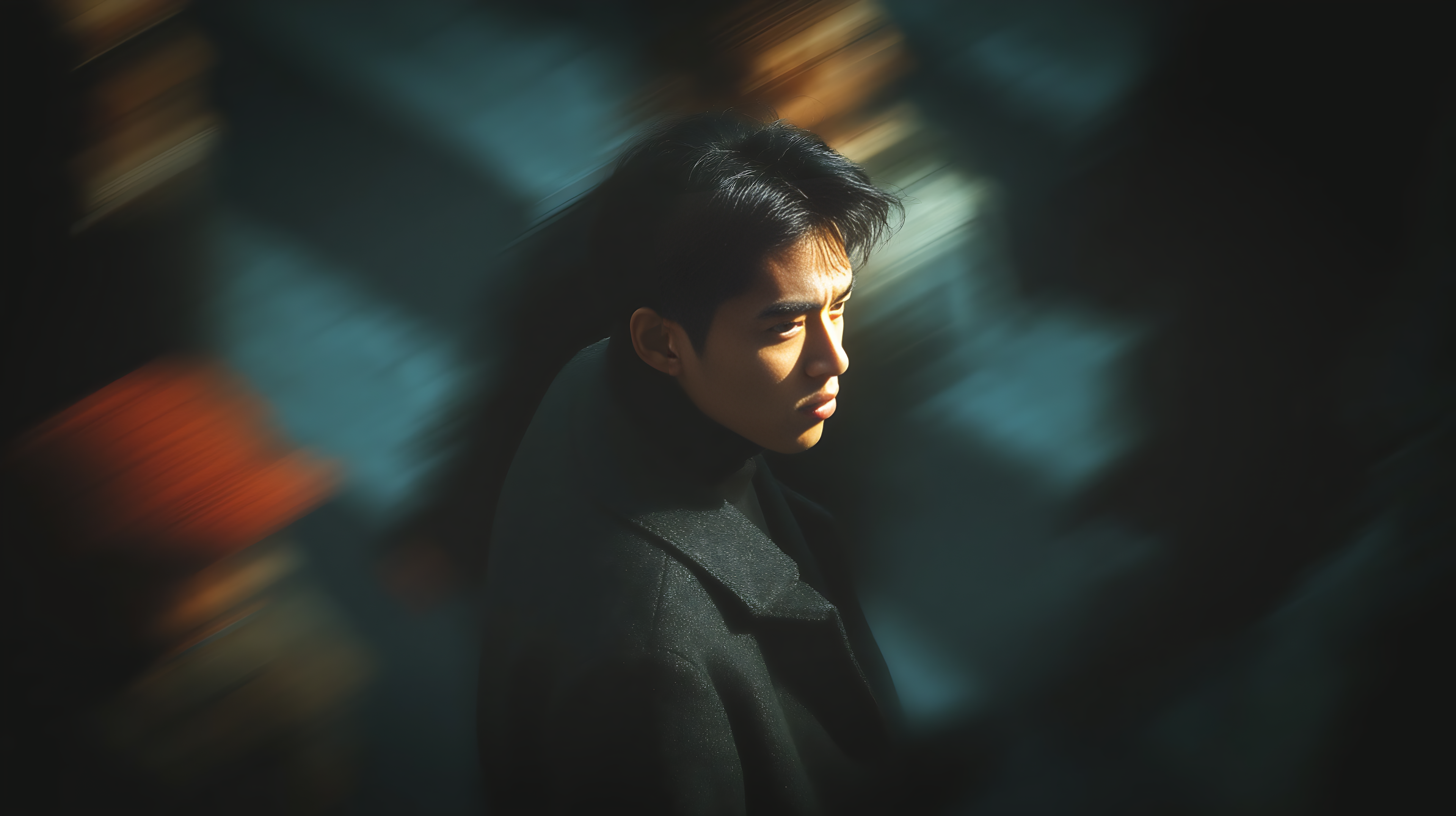 Person wearing a dark coat in a dimly lit room with shadows